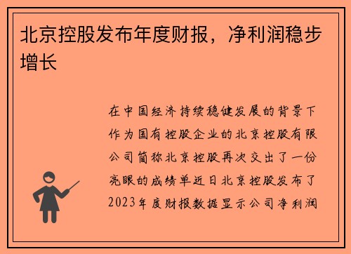 北京控股发布年度财报，净利润稳步增长